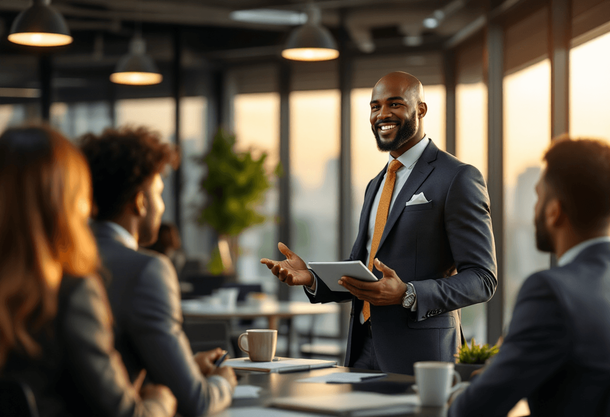 AI generated: Create a professional and dynamic image showcasing a confident black tax office manager in a modern ...