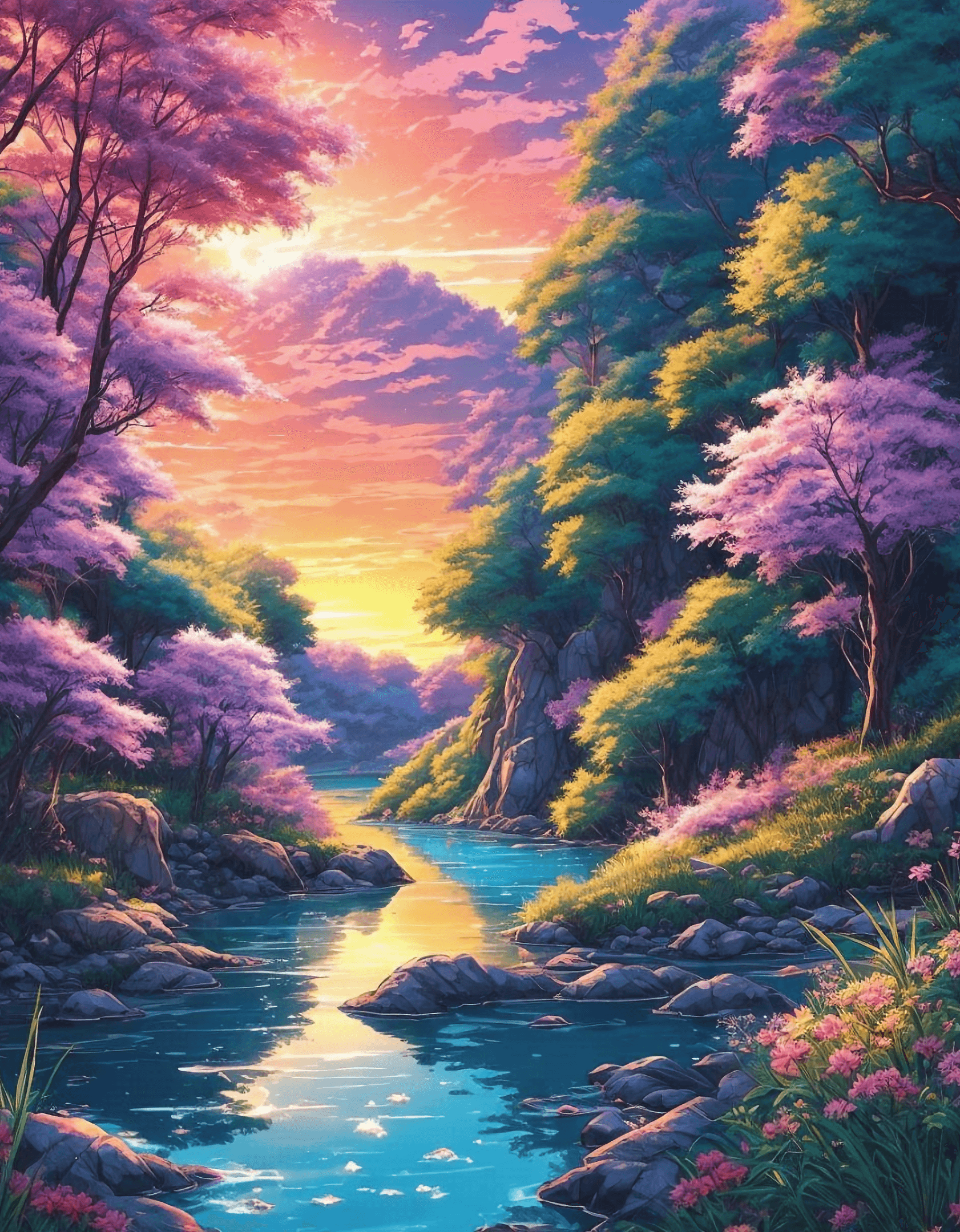 AI generated: anime landscape, drawing, animation, electric colors in dark tones, magical scenery, skyscraper, cry...