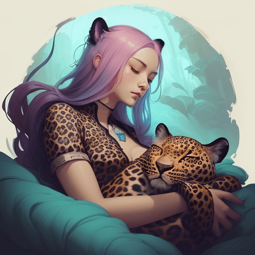 AI generated: painting of a man sleeping with a leopard on her back, the leopard man portrait, loish and ross tran...