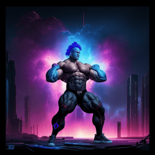 AI generated: an cyberpunk landscape of a bodybuilder doung biceps curl, depicted as an explosion of a nebula