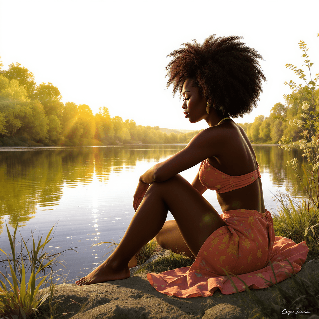 AI generated: Casper David style art. A beautiful African American woman is sitting near a lake and watching her r...