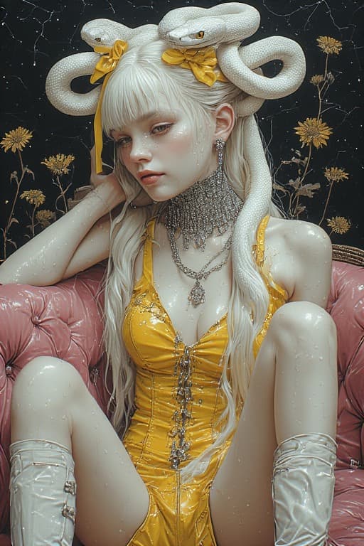 AI generated: An ethereal albino woman with long flowing platinum blonde hair adorned with two white snakes and ye...