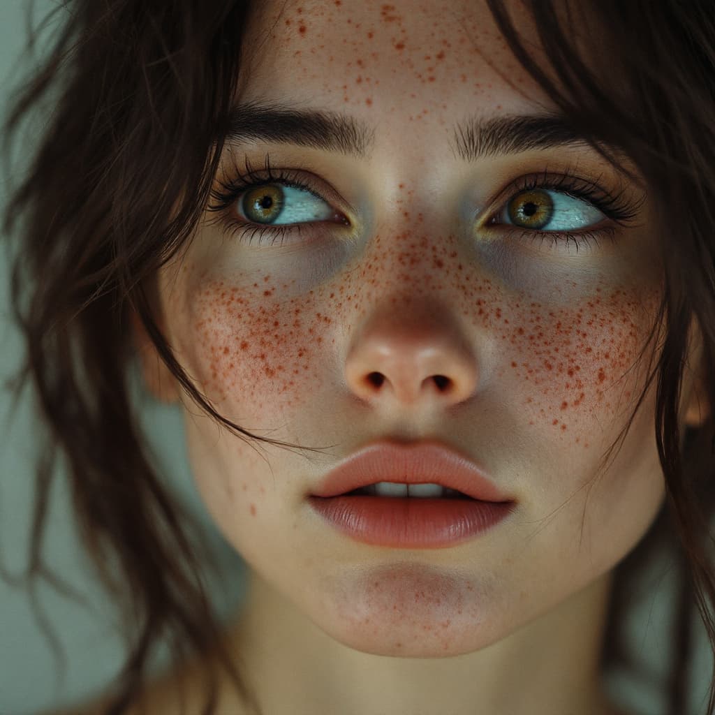 AI generated: a woman with freckles looks out into the world, in the style of vray, white and orange, warmcore, ph...