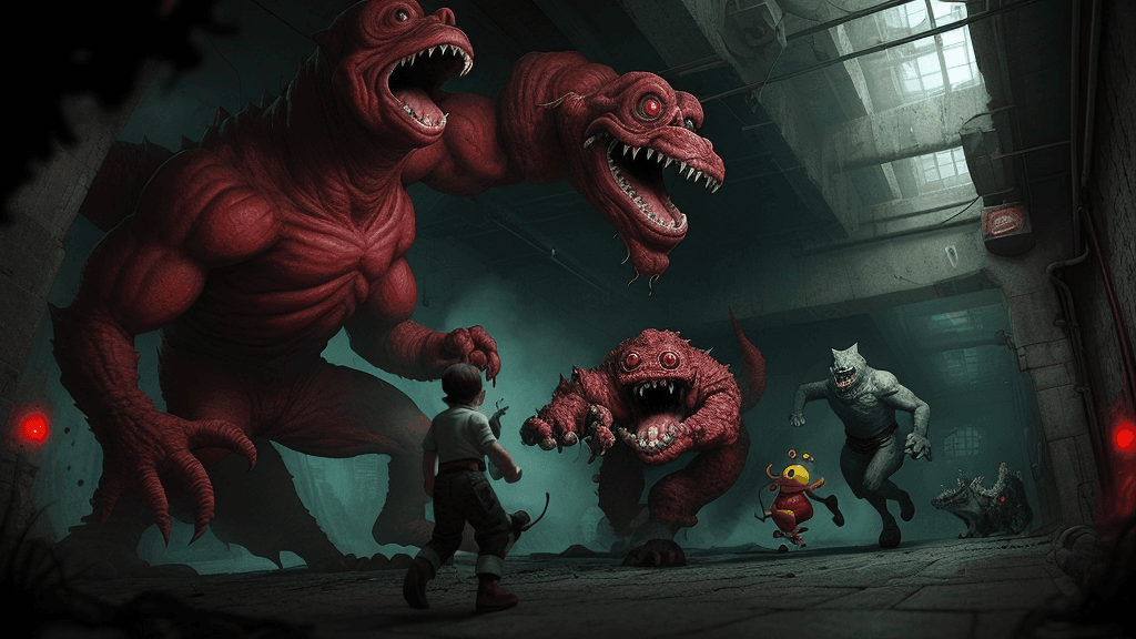 AI generated: secret underground lab, red alarms, kiro and his friends run away from hideous monsters, medieval, k...