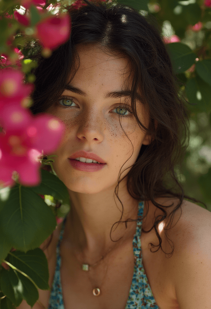 AI generated: A photorealistic close-up portrait of an adult woman with freckled skin and expressive green eyes, h...