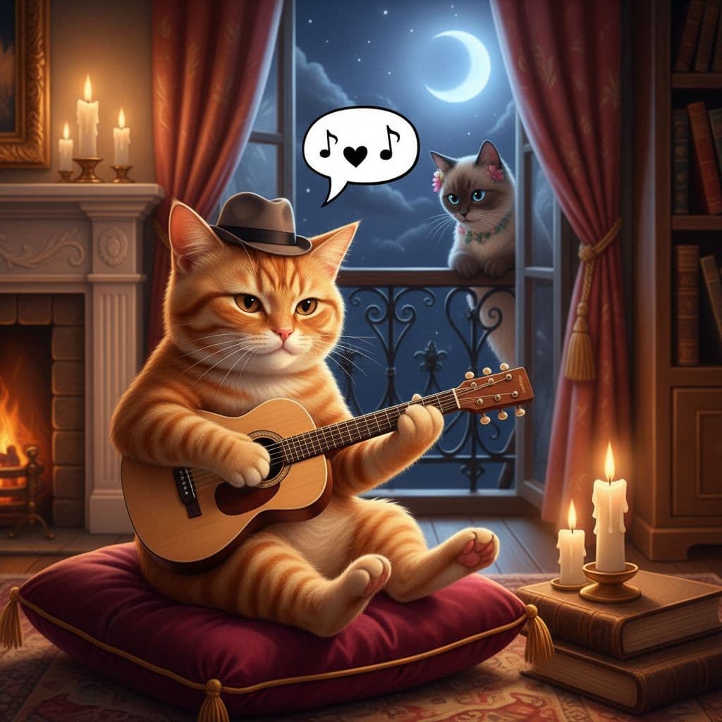 AI generated: Make an image of cat playing a guitar and singing serenade