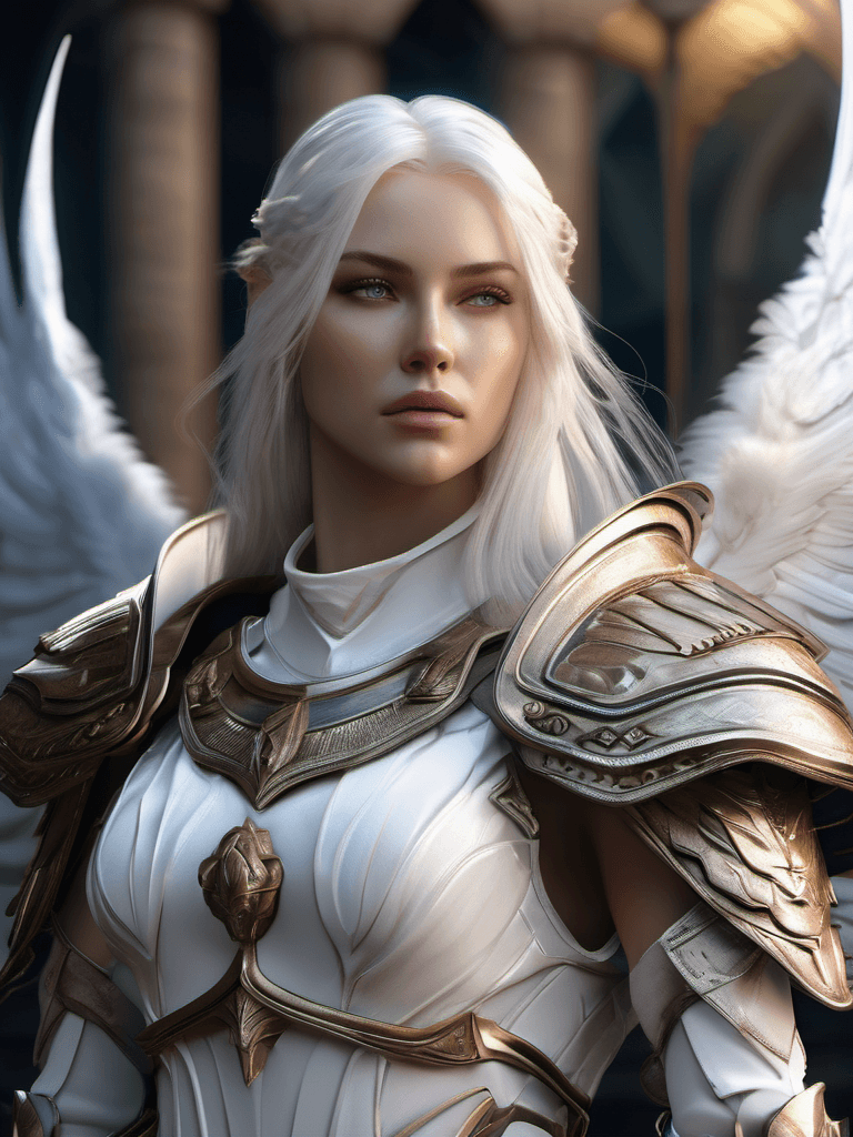 AI generated: ethereal female warrior archangel, hauntingly beautiful, long White hair, pale skin, blue eyes, symm...