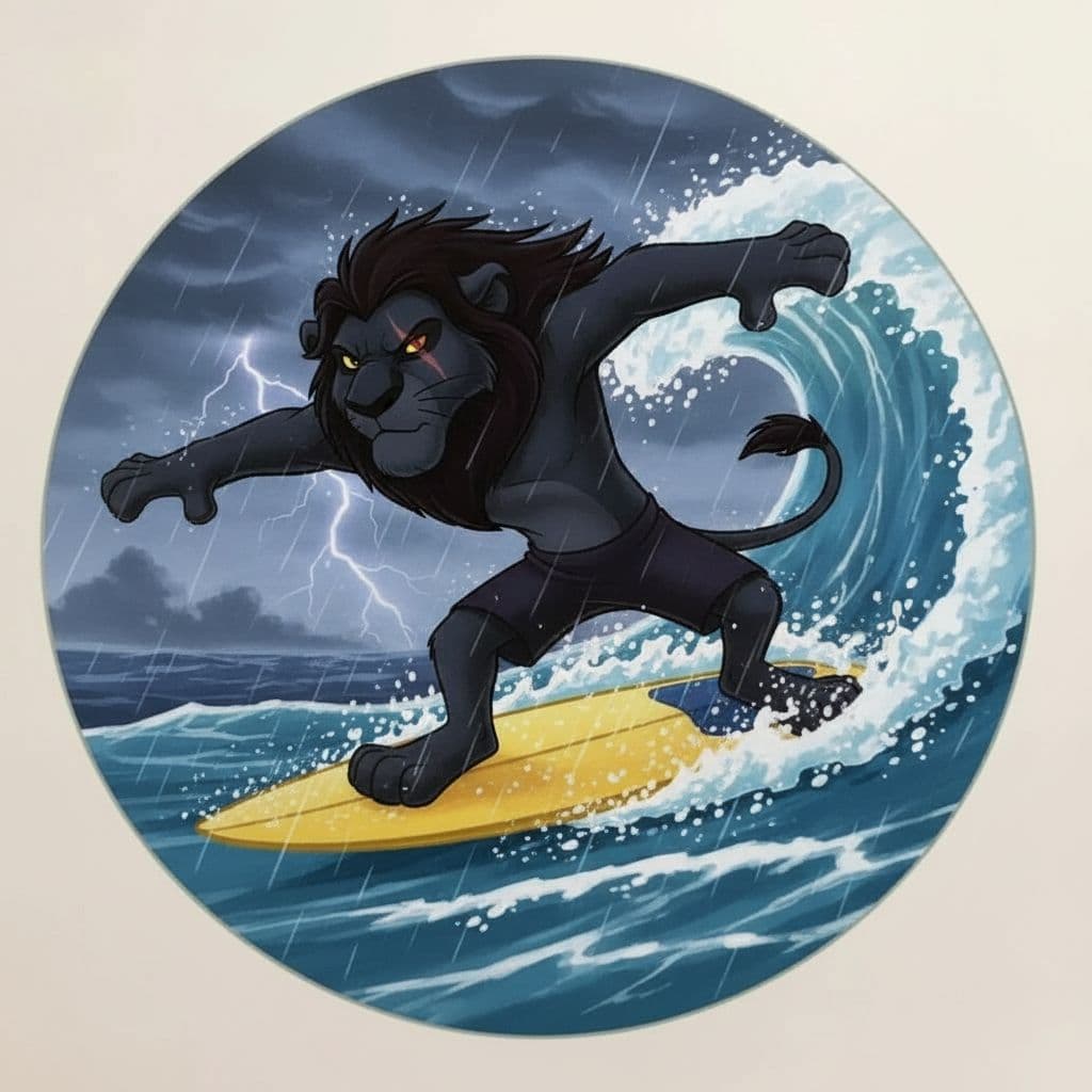AI generated: Black lion with scar at his eye surfing in a storm
