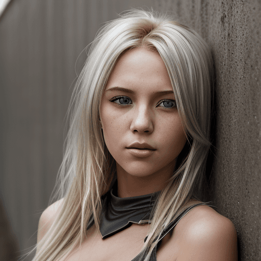 AI generated: a young attractive woman with blonde hair leaning on a rusty wall, in the style of exaggerated facia...