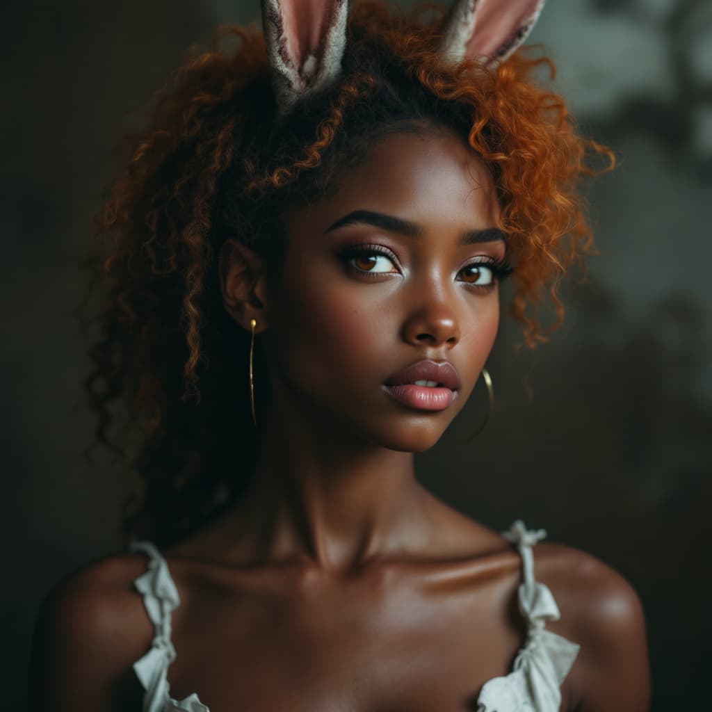 AI generated: Realistic photography of a girl, with bunny ears, brown skin and curly orange hair, with intricate d...