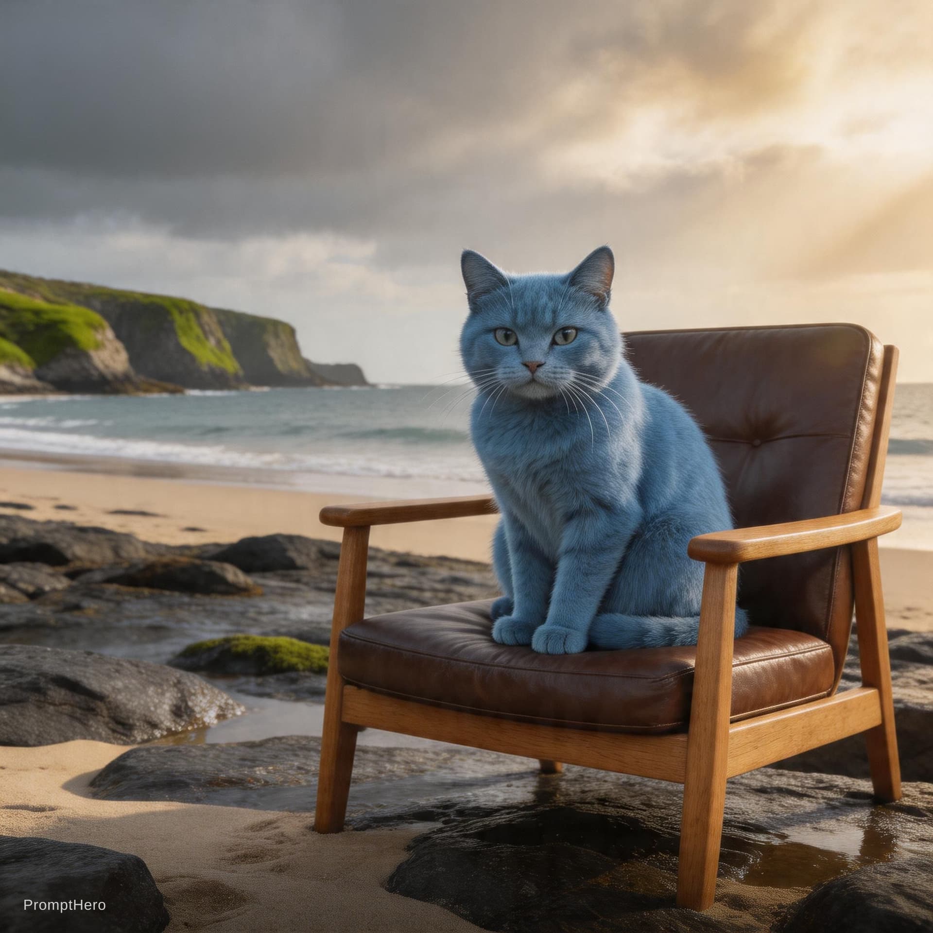 AI generated: Un gato azul hiperrealis, con cinema lightting, con camara reflex gran angular en una playa estilo g...