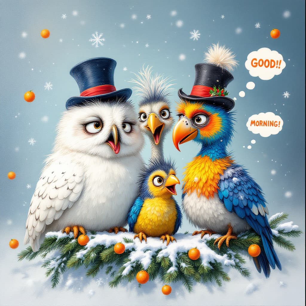 AI generated: Airbrushed oil painting, Disney Pixar style, depicts three funny, cartoon birds polar owl, colorful ...