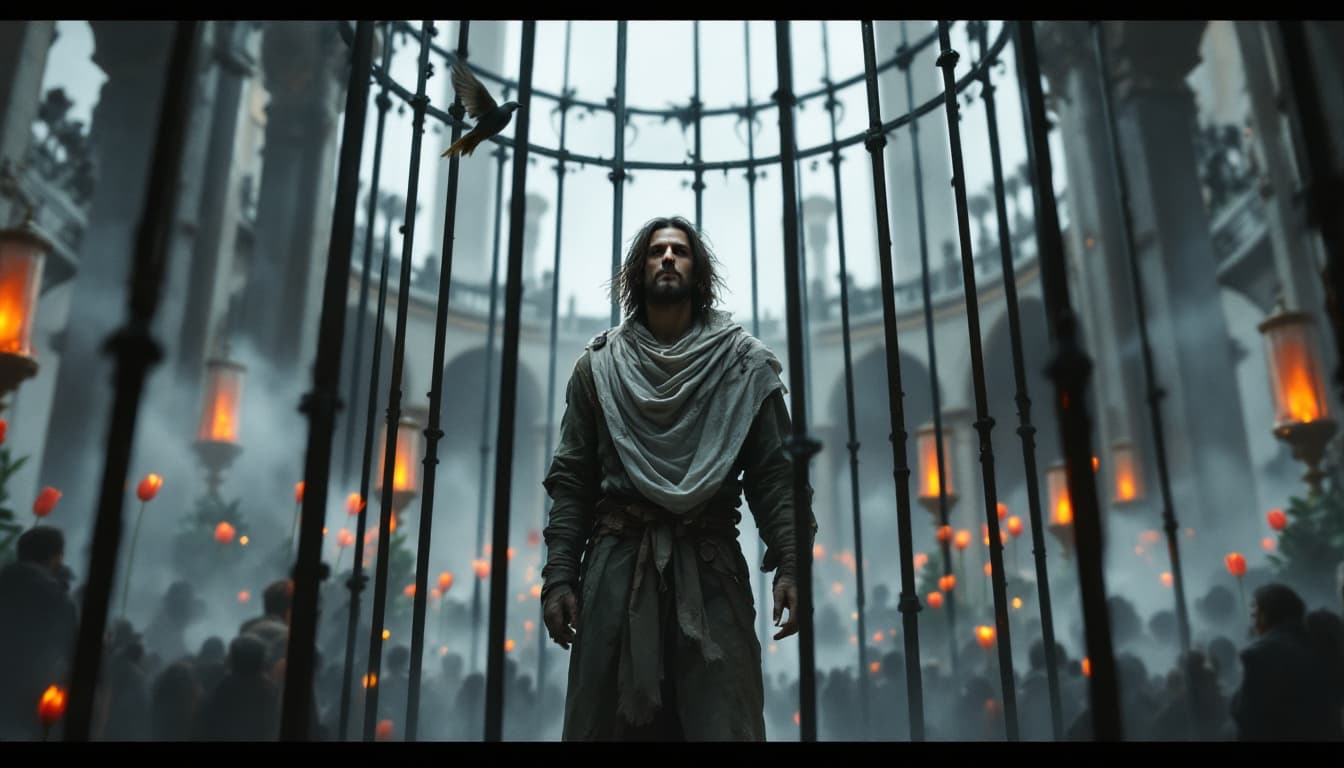 AI generated: hyper realistic Shot The Mystic Wanderer stands in a cage-like structure, a sparrow perched on his s...