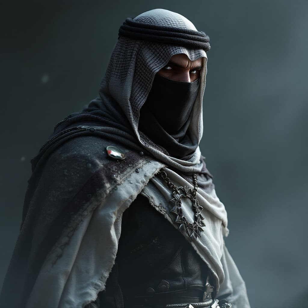 AI generated: Character Design, Dark Souls Knight, Wearing Palestinian Keffiyeh, Full Body, Fog, Realism, Octane R...