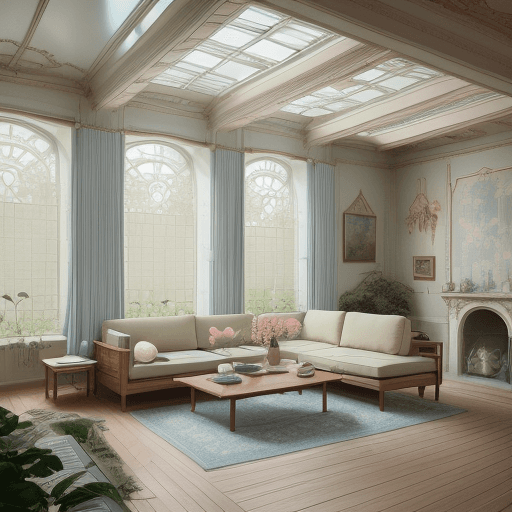 AI generated: High resolution photography interior design, dreamy sunken living room conversation pit, wooden floo...
