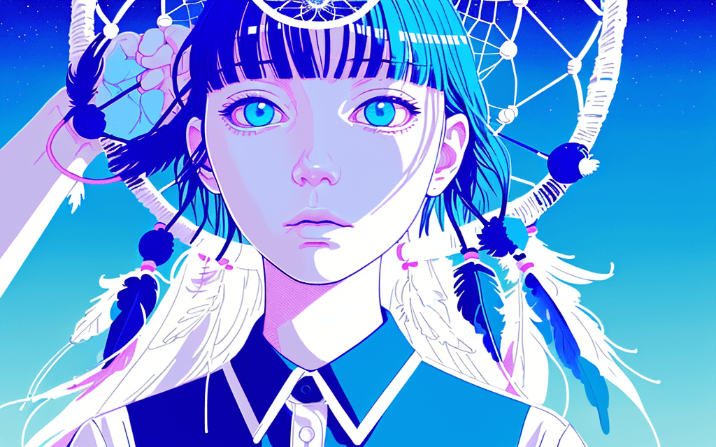 AI generated: Dream Catcher, in the style of crisp neo-pop illustrations, sky-blue, nightcore, trompe-l'œil illusi...