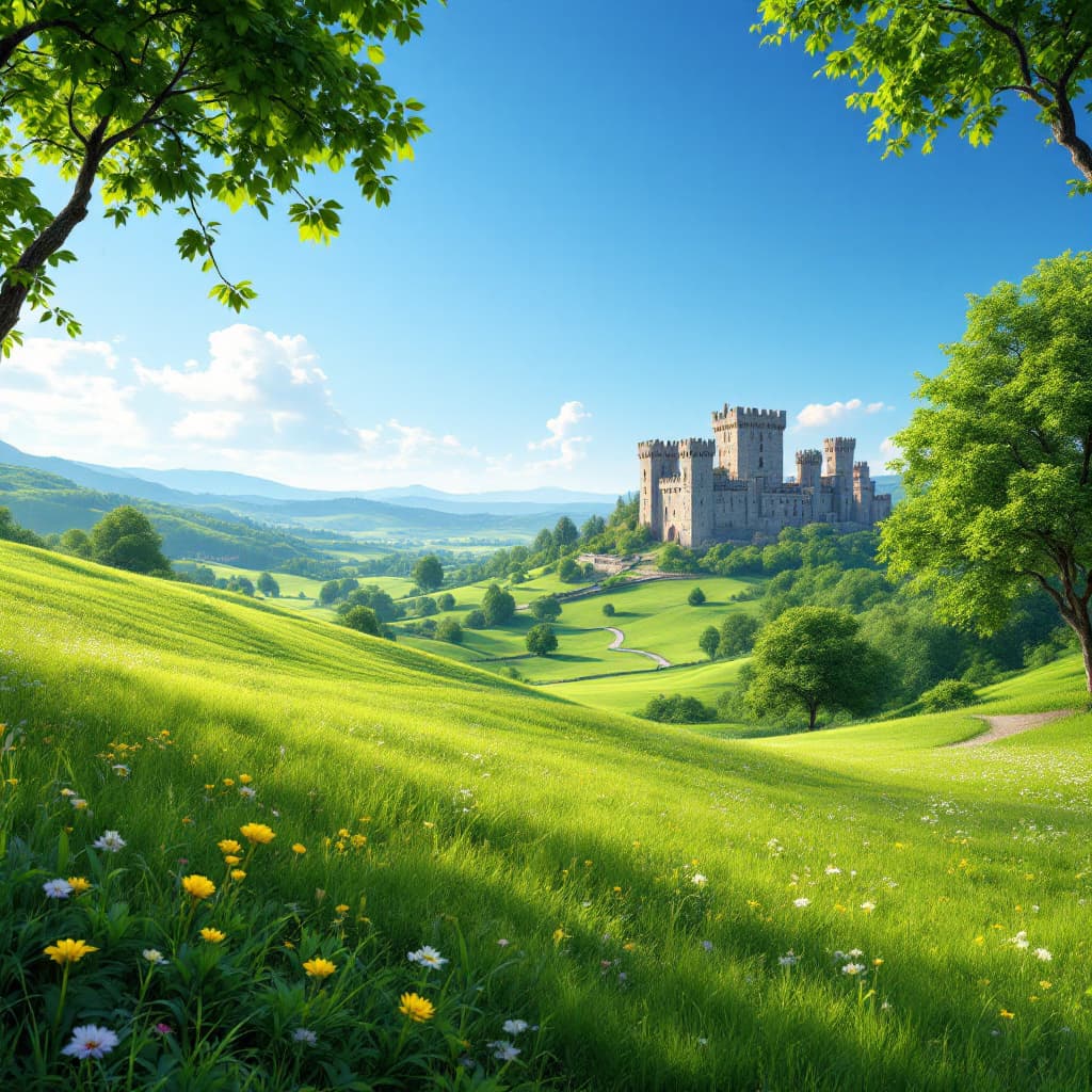AI generated: A vibrant green landscape with rolling hills and meadows stretching into the distance. Majestic medi...