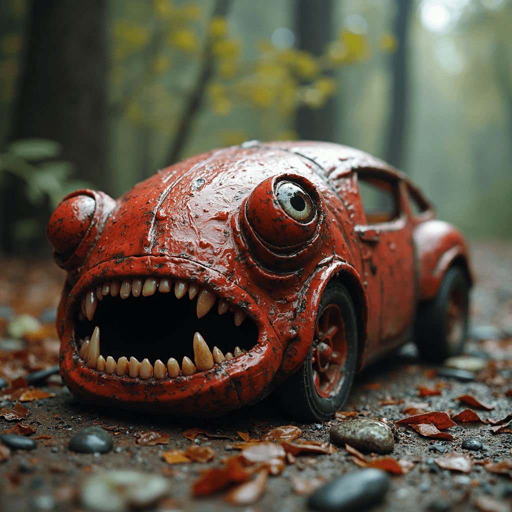 AI generated: creepy car made of meat, skin of bones and teeth covered with living eyes and pulsating veins