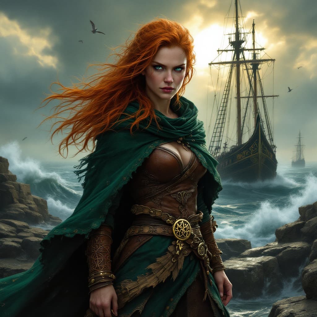 AI generated: Gráinne O'Malley, the legendary Irish pirate queen, stands defiantly at her rugged sea port, her sta...