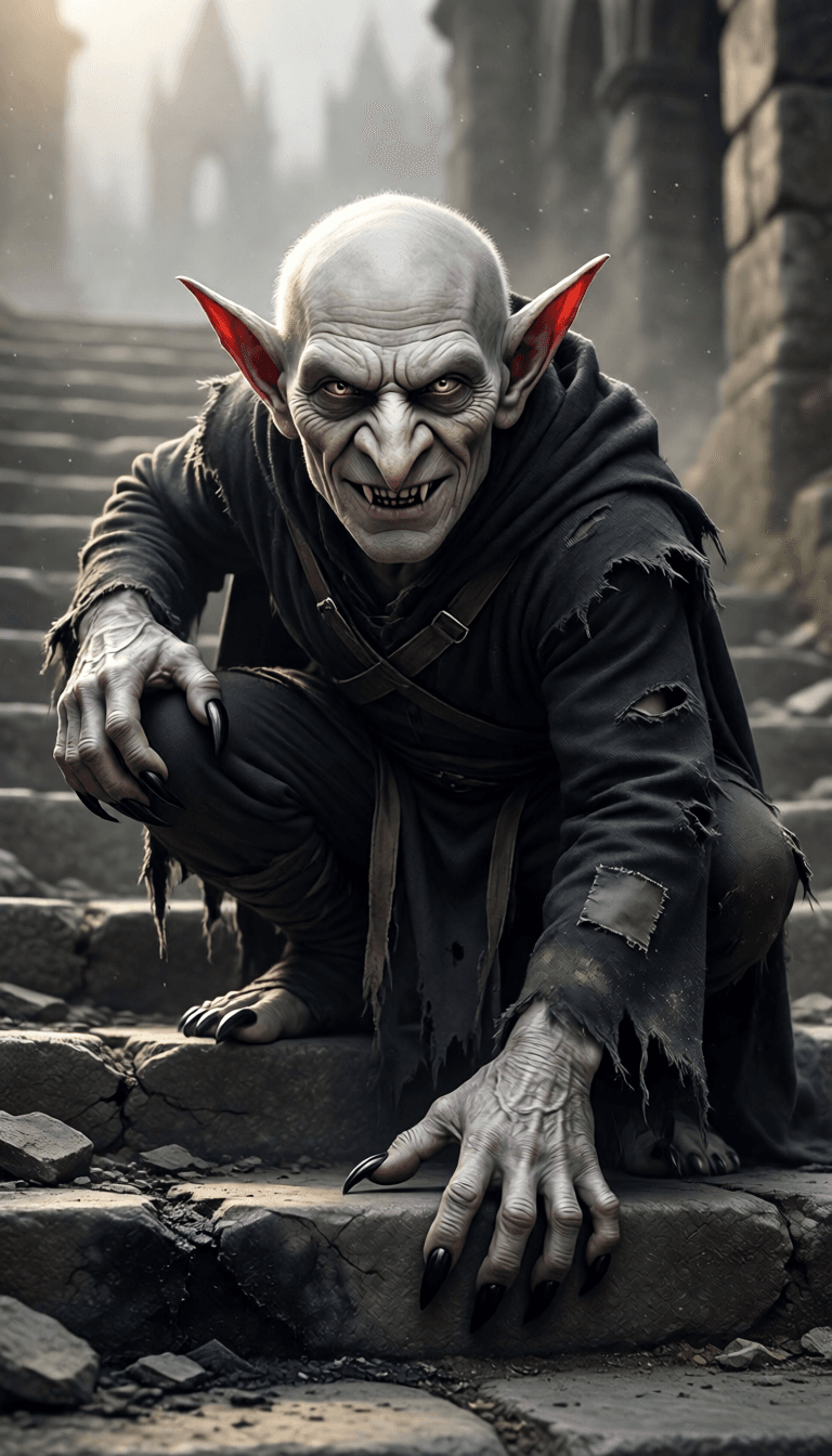 AI generated: Cinematic dark-fantasy character shot, ultra-detailed: a gaunt bald goblin/vampire-like creature cro...