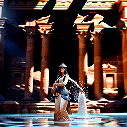 AI generated: a beautiful lady standing in front of the Treasury in Petra with water pouring, in the style of gong...