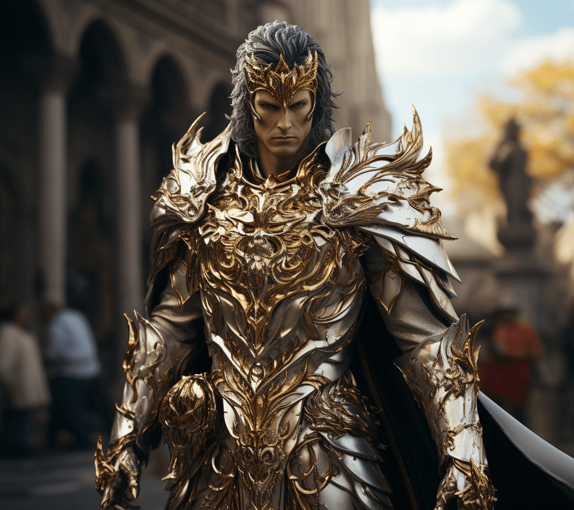 AI generated: the main character in a medieval fantasy roleplaying game is holding his sword, in the style of rend...