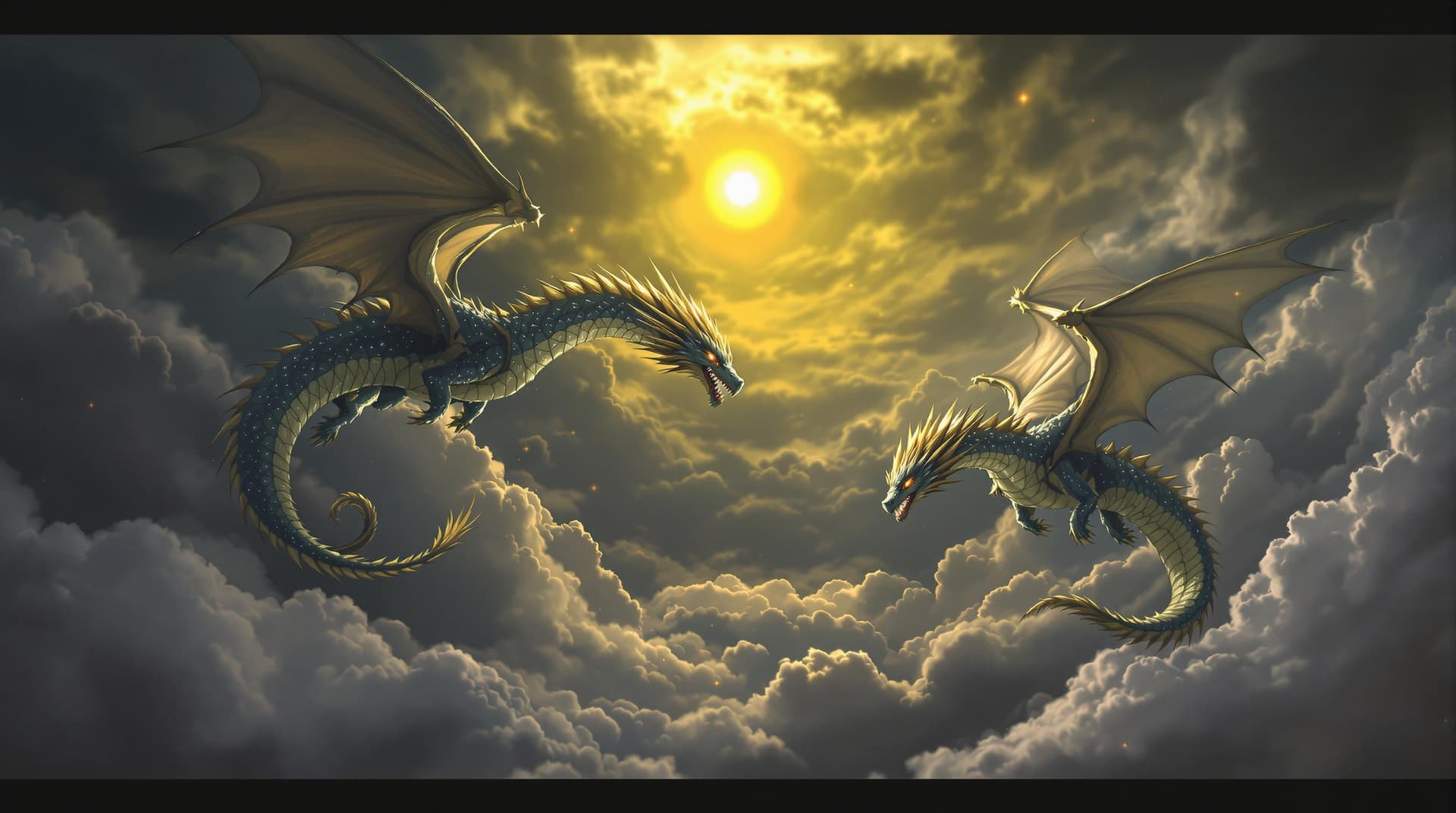 AI generated: Two magnificent dragons fly through the air around, their scales glinting like diamonds in the light...