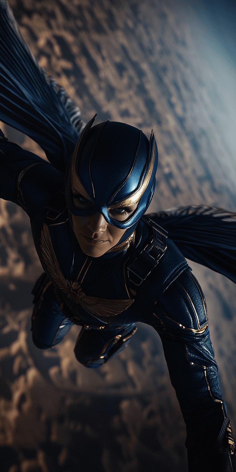 AI generated: In the dark sky, a sci-fi super hero in a costume made of royal blue and gold shines brightly with l...