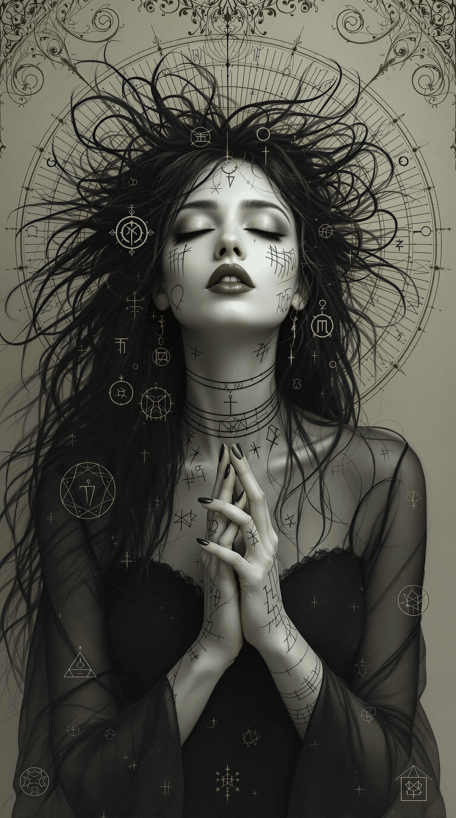 AI generated: A surreal and gothic portrait of a woman with long, dark, wild hair intertwined with intricate celes...