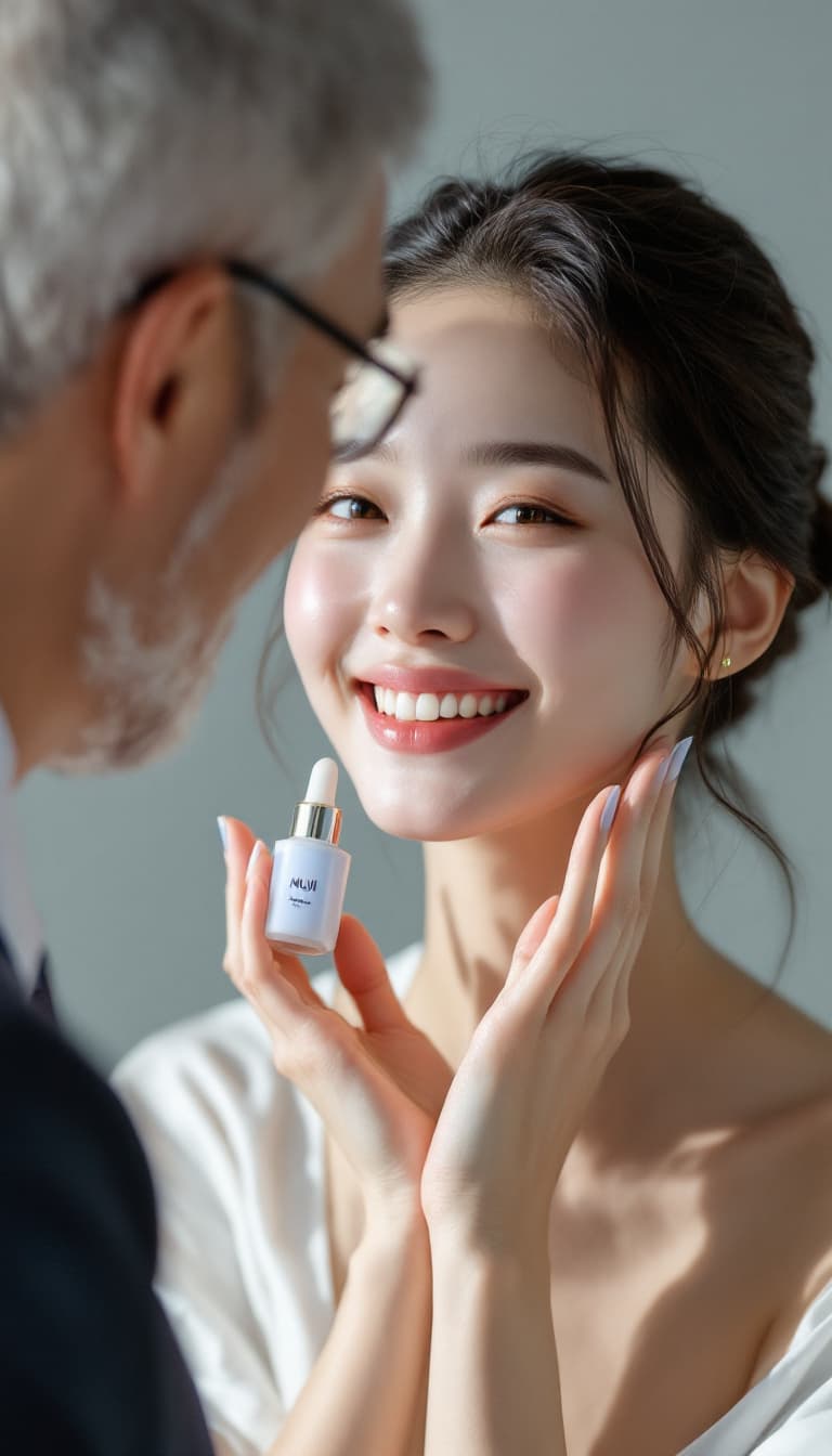 AI generated: Skin care photography, MUJI style, close-up shot of happy expression of young Chinese model holding ...
