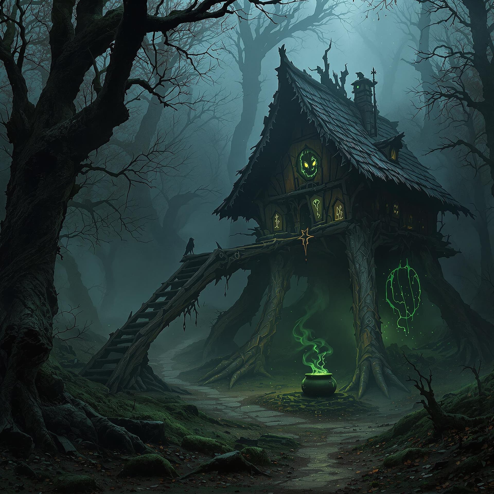 AI generated: Summon a hauntingly cinematic vision of Baba Yaga, the ancient witch of the dark forests, feared and...