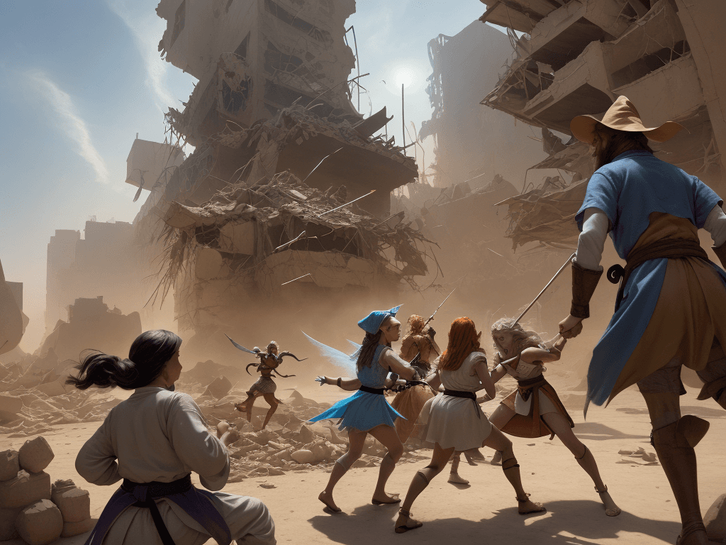 AI generated: a concept art with dutch angle shot of a group with a wizard, a witch, a little fairy healing a came...