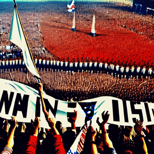 AI generated: a lot of citizens all in one hand rising up their flag in the air
