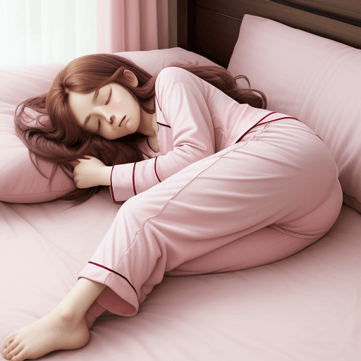 AI generated: Sleeping girl, 22 years old, realistic, she is wearing long pants, she is wearing pink pajama, brown...