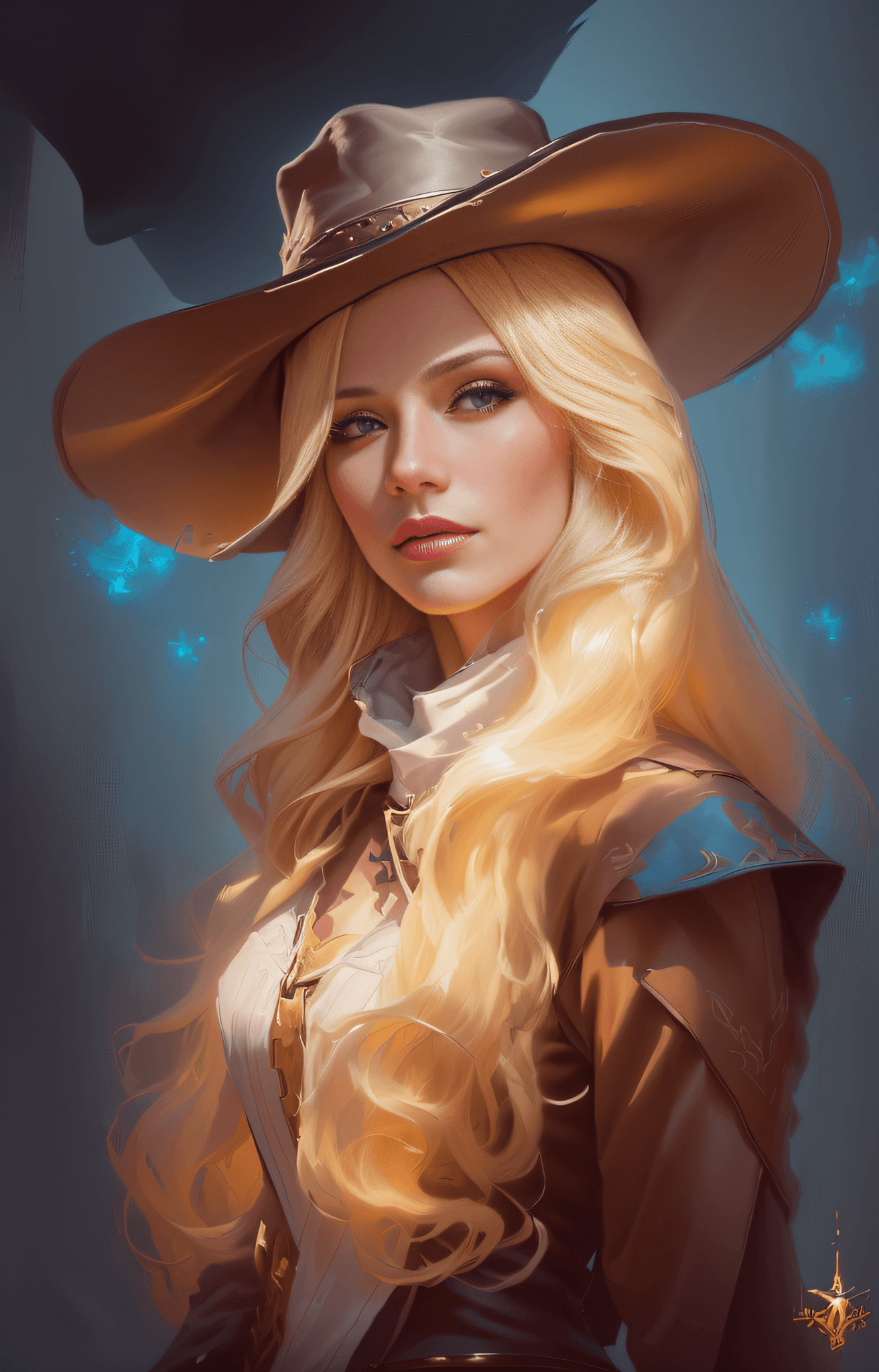 AI generated: a painting of a woman with a cowboy hat and a long blond hair, beautiful cowboy witch, beautiful cha...