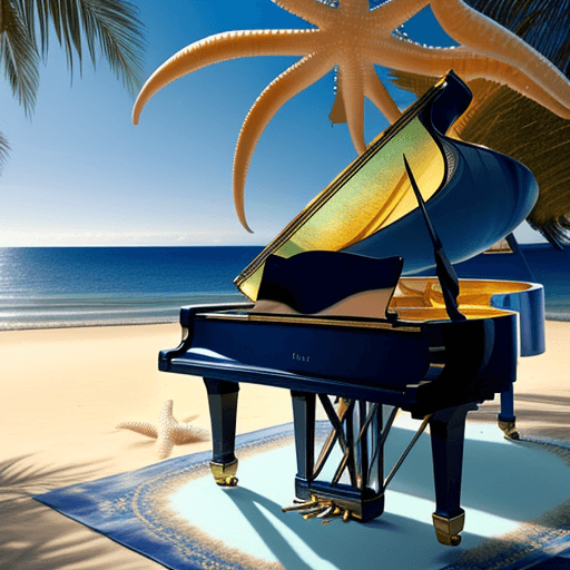 AI generated: 

There is a crystal grand piano on the blue seaside with music scores on the piano, golden beach, 2...