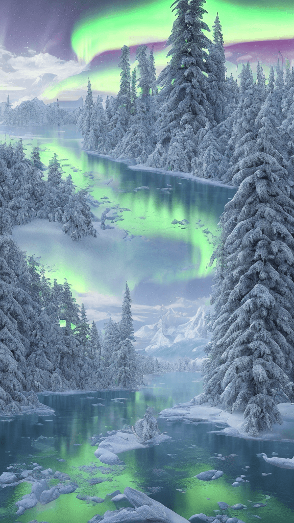 AI generated: british columbia, surrounded by mountains and nature, beautiful lakes and rivers, northern lights, v...