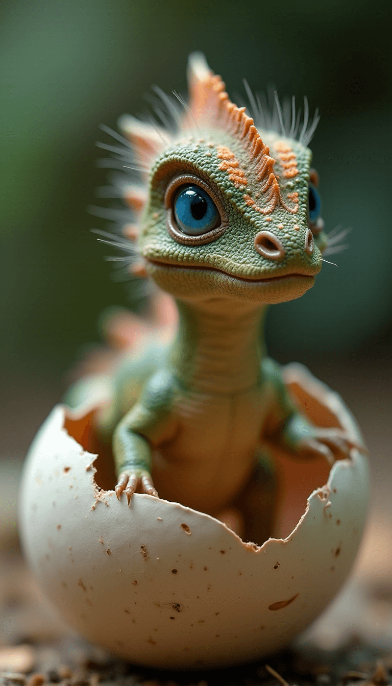 AI generated: (Photorealistic macro shot) of a (miniature newborn dinosaur) crawling out of a (broken eggshell). T...