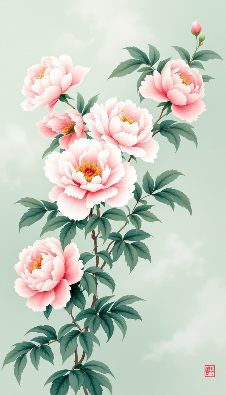 AI generated: Beautiful Chinese peonies decorate the soft light green canvas