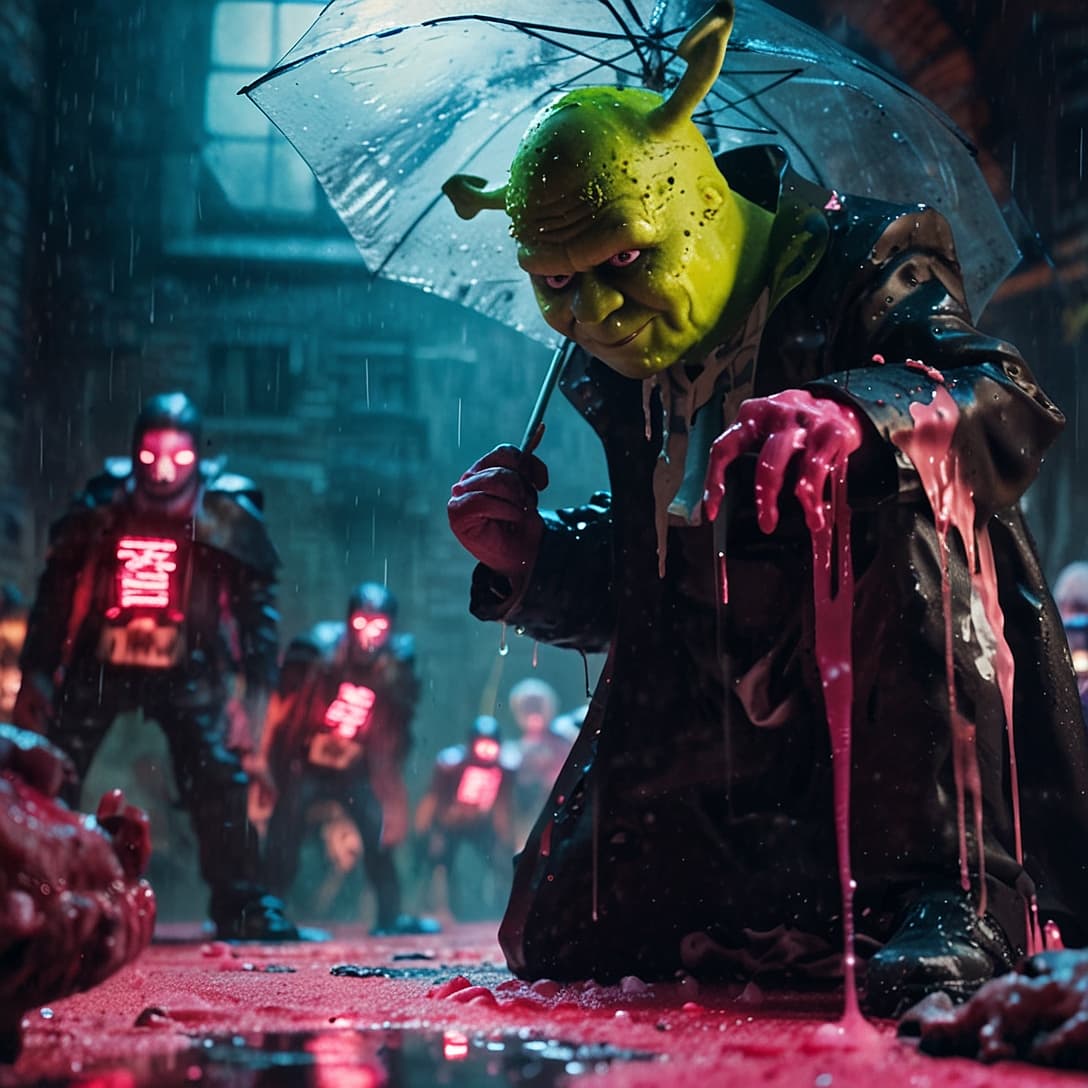AI generated: vista intimidante y superioridad de cerca en angulo contrapicado de Shrek vestido con chubasquero ne...