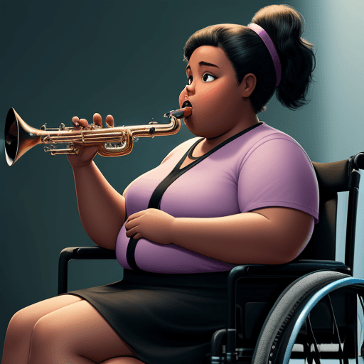 AI generated:  young fat woman, black, playing clarinet, wheelchair, pixar