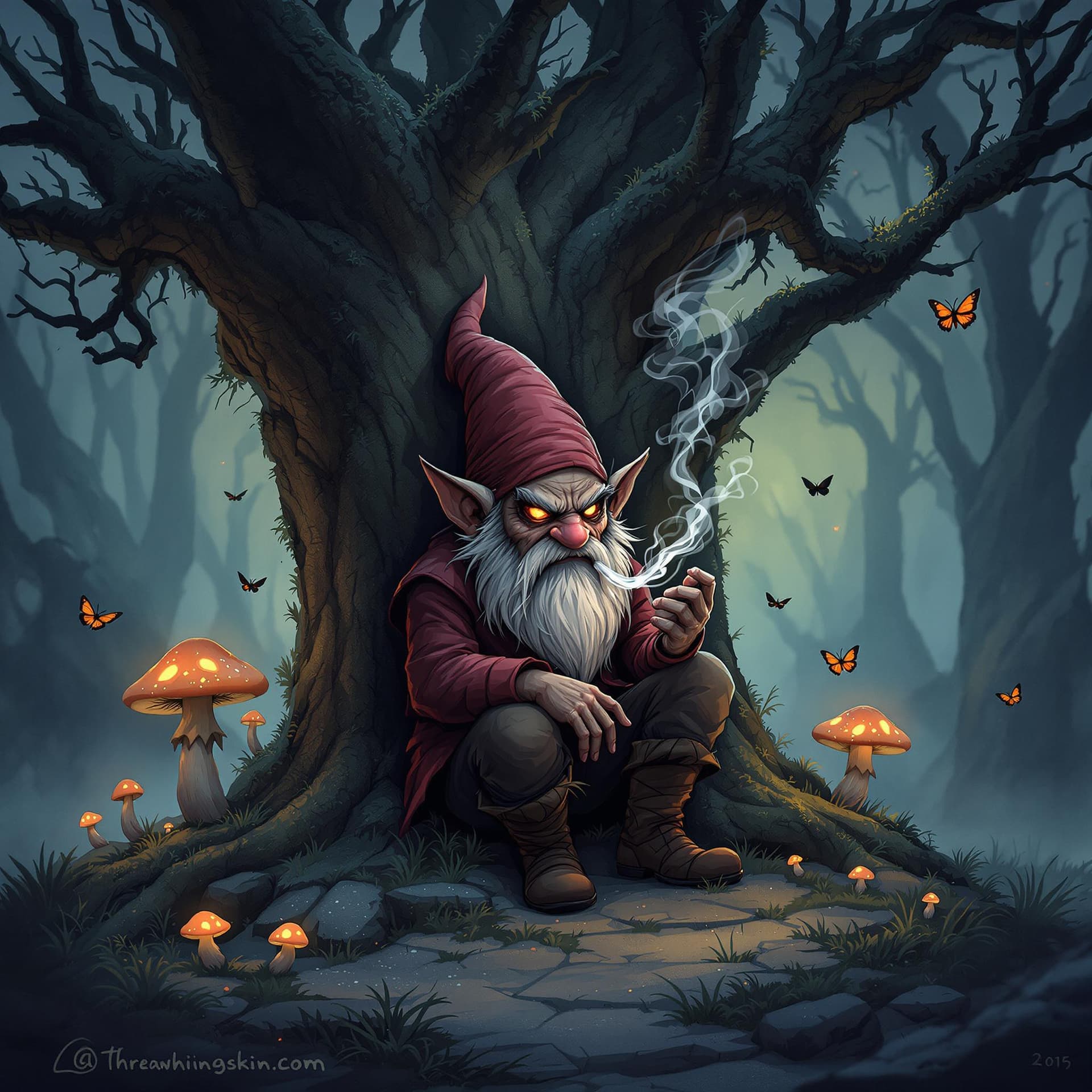 AI generated: digital illustration of evil gnome sitting in crook of tree, smoking, with a glint in it's eyes, fro...