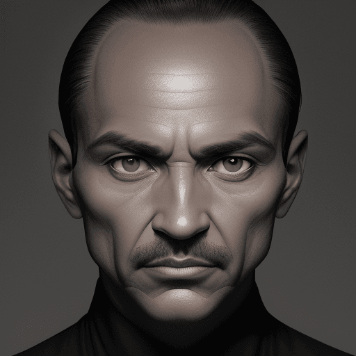 AI generated: a black and white photo of a fifty-year-old man, serious, with a straight nose, a wide forehead, ver...