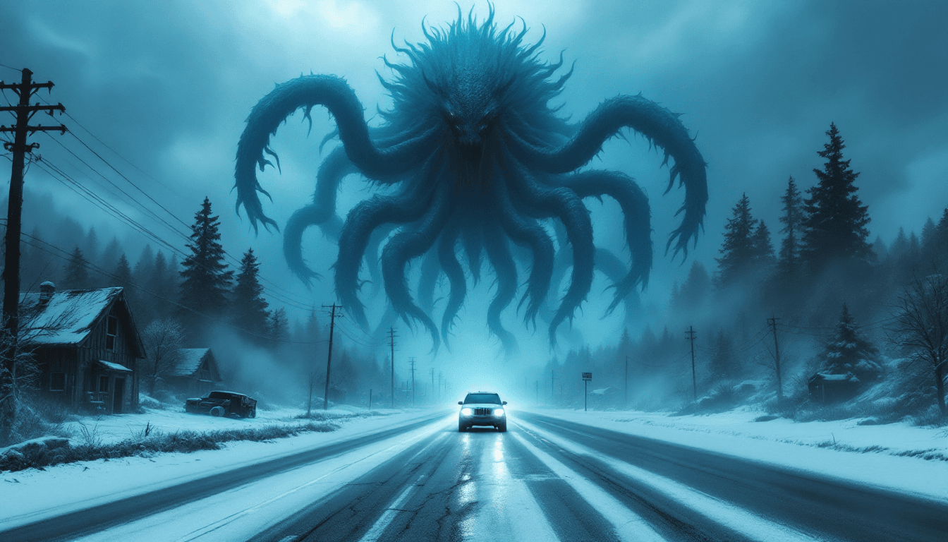 AI generated: A colossal eldritch creature towers ominously over a desolate small town, its massive limbs and coun...