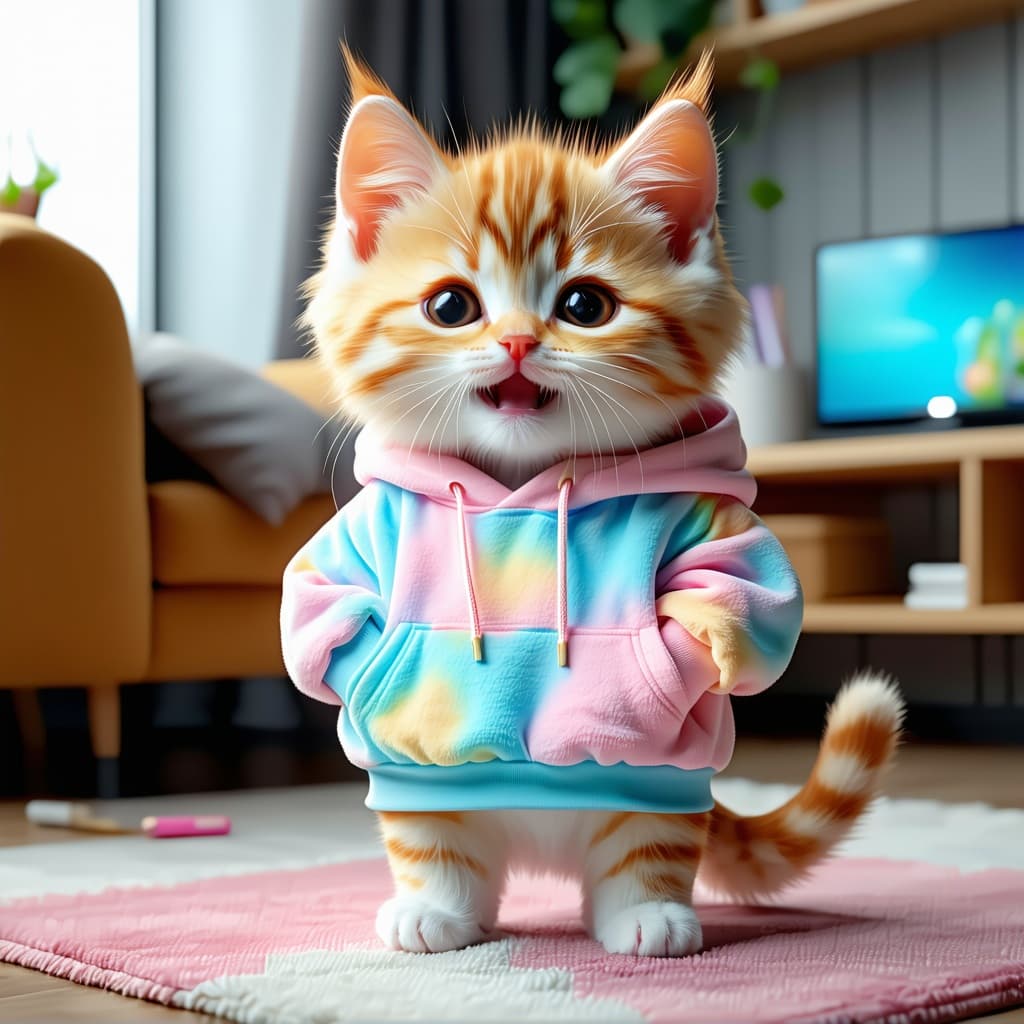 AI generated: a cute anthropomorphic orange tabby kitten, slightly chubby, standing on two legs like a human, smil...
