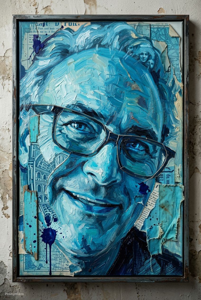 AI generated: print collage of this  face, in the style of josef kote, grunge beauty, dain yoon, cyan and blue, hi...