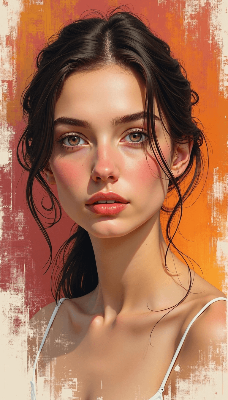 AI generated: Abtract expressionism: A detailed portrait of a young woman with dark brown hair loosely styled, haz...