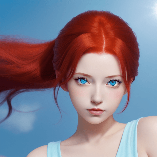 AI generated: a simple cartoon of a beautiful 21 year old woman with red hair, Shiny light blue eyes, Anime town b...