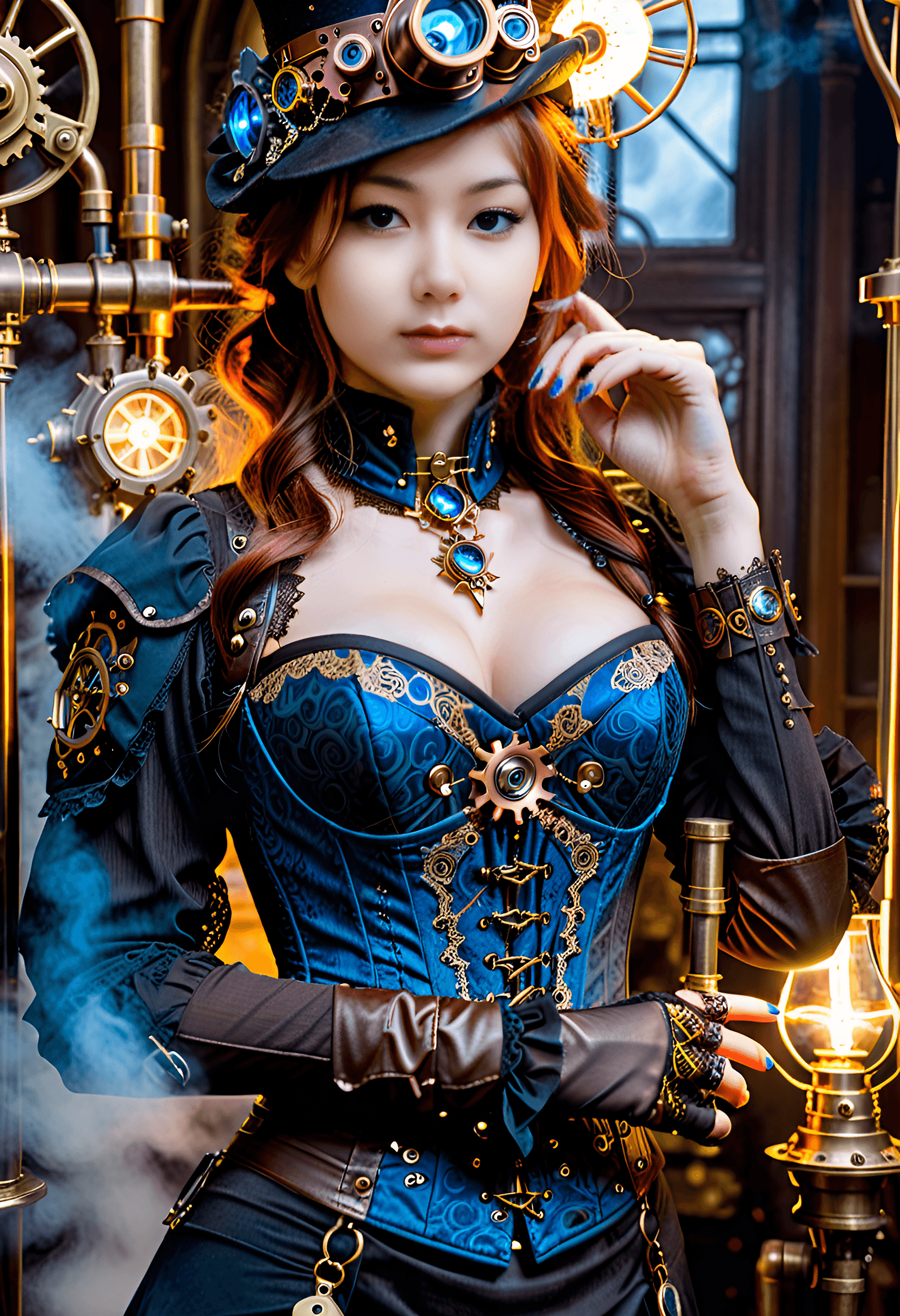 AI generated: In a dimly lit, ornate Victorian-style laboratory, a stunning Steampunk beauty dons an intricate hat...