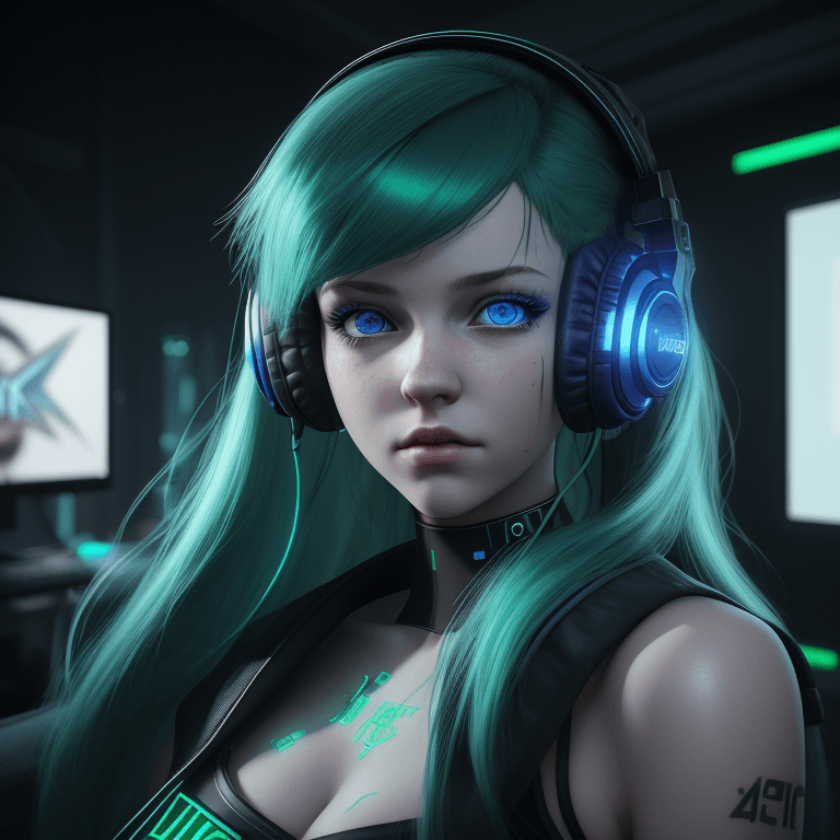 AI generated: Young girl with emerald hair, headphones on her head, blue eyes, cyberpunk, indoor, gamer room, roya...